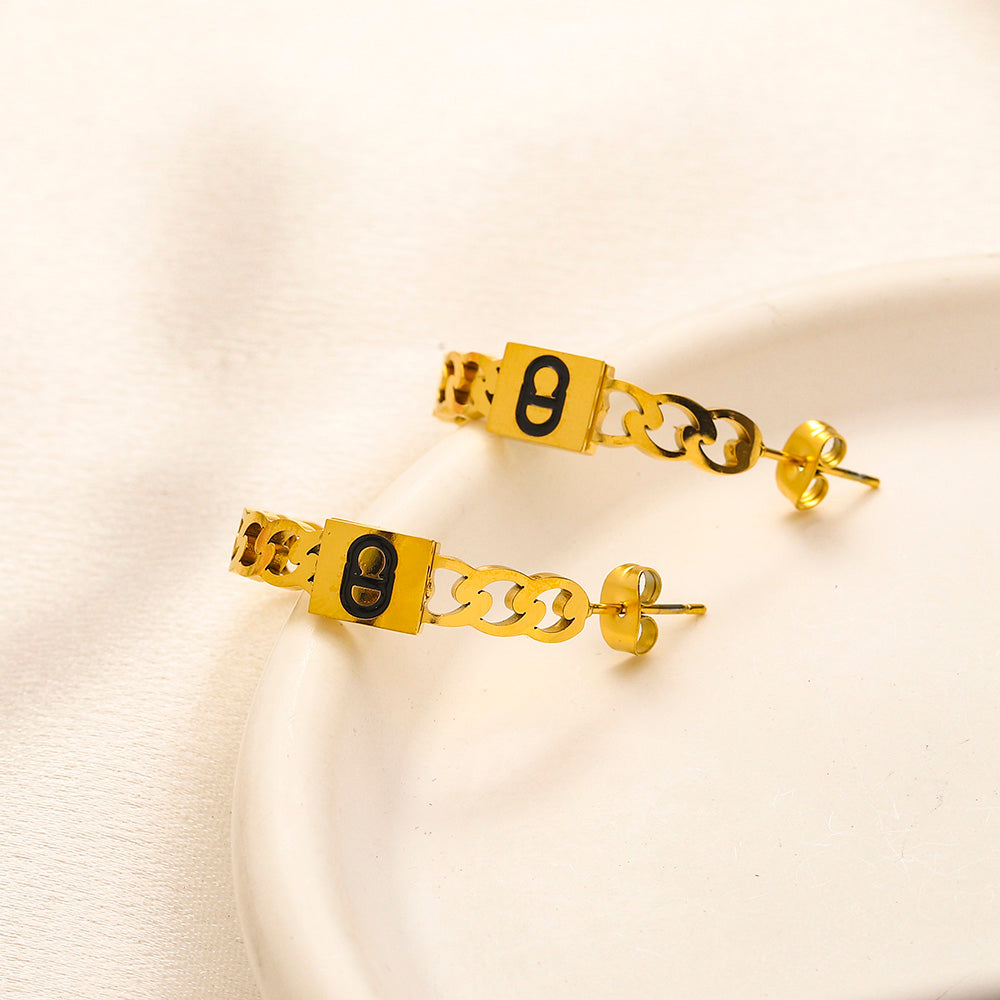 304 Stainless Steel Letter-Accent Chain Hoop Earrings