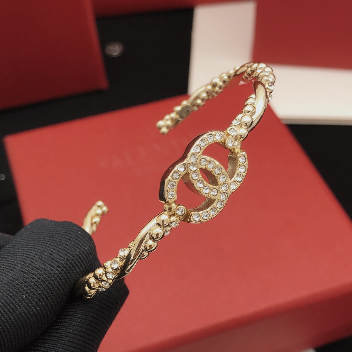Pave Interlocking-C Chain Cuff Bracelet