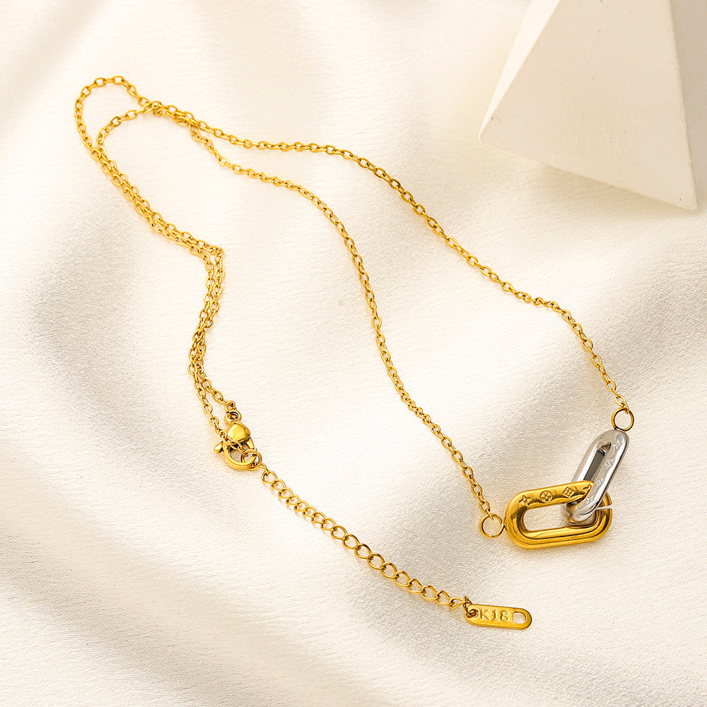 304 Stainless Steel Two-Tone Interlocking Oval Pendant Necklace