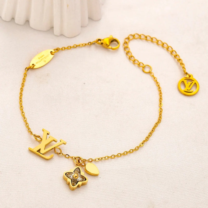 304 Stainless Steel Monogram & Floral Charm Fine Chain Bracelet