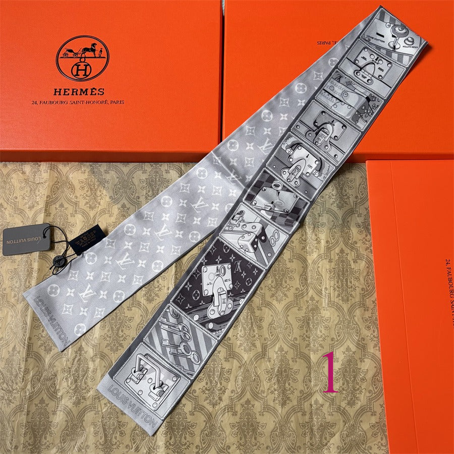Illustrated Panel Print Ribbon Scarf - 5 x 120 cm