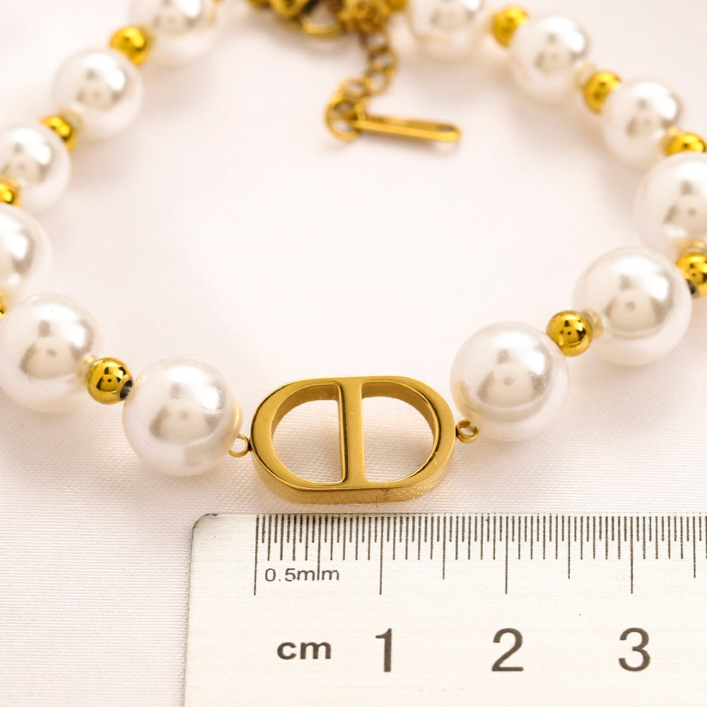 304 Stainless Steel Pearl-Look Bead Monogram Bracelet & Necklace - Individual or Set