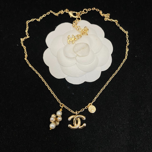 Interlocking-C Necklace with Pearl-Look Cluster