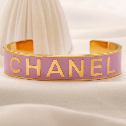 304 Stainless Steel Letter-Inlay Wide Cuff Bracelet