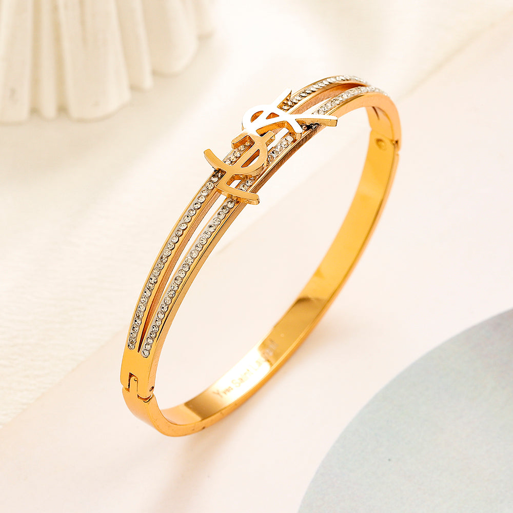 304 Stainless Steel Pave Monogram Slim Bangle Bracelet