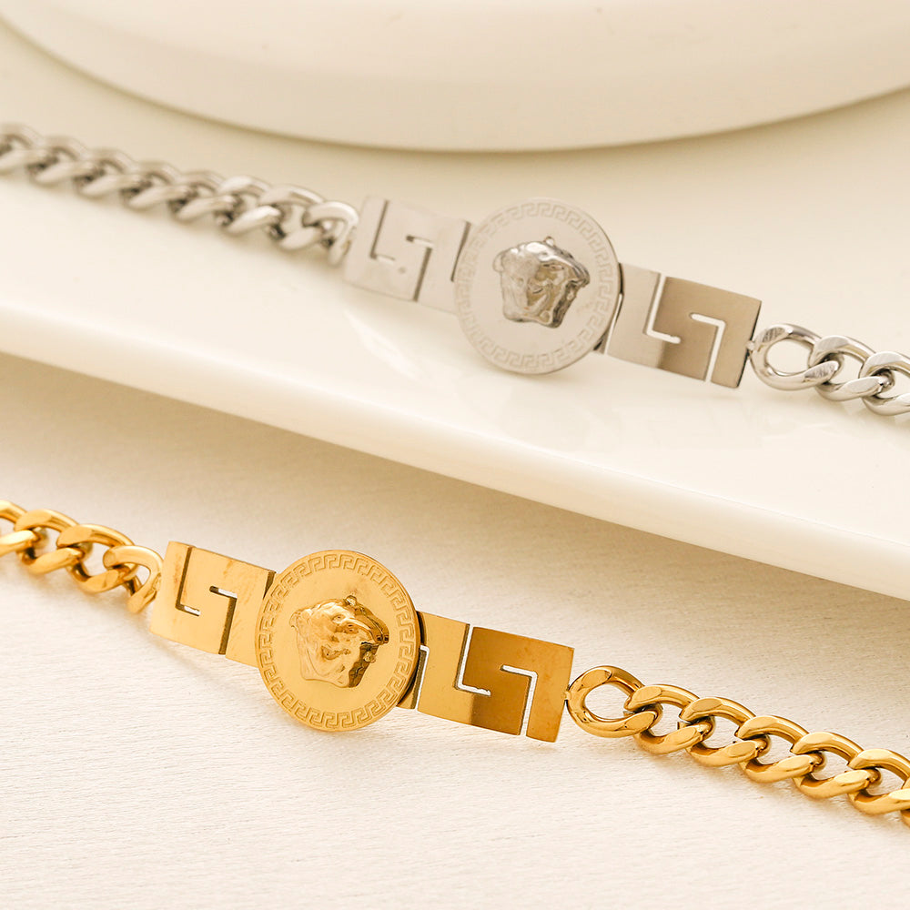304 Stainless Steel Greek-Key Medallion Curb Chain Bracelet