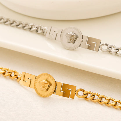 304 Stainless Steel Greek-Key Medallion Curb Chain Bracelet