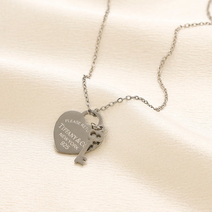 304 Stainless Steel Engraved Heart & Key Pendant Necklace