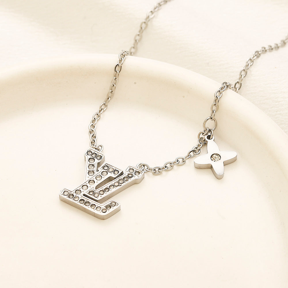 304 Stainless Steel Pave Monogram & Flower Pendant Necklace