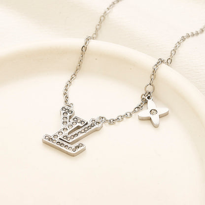 304 Stainless Steel Pave Monogram & Flower Pendant Necklace