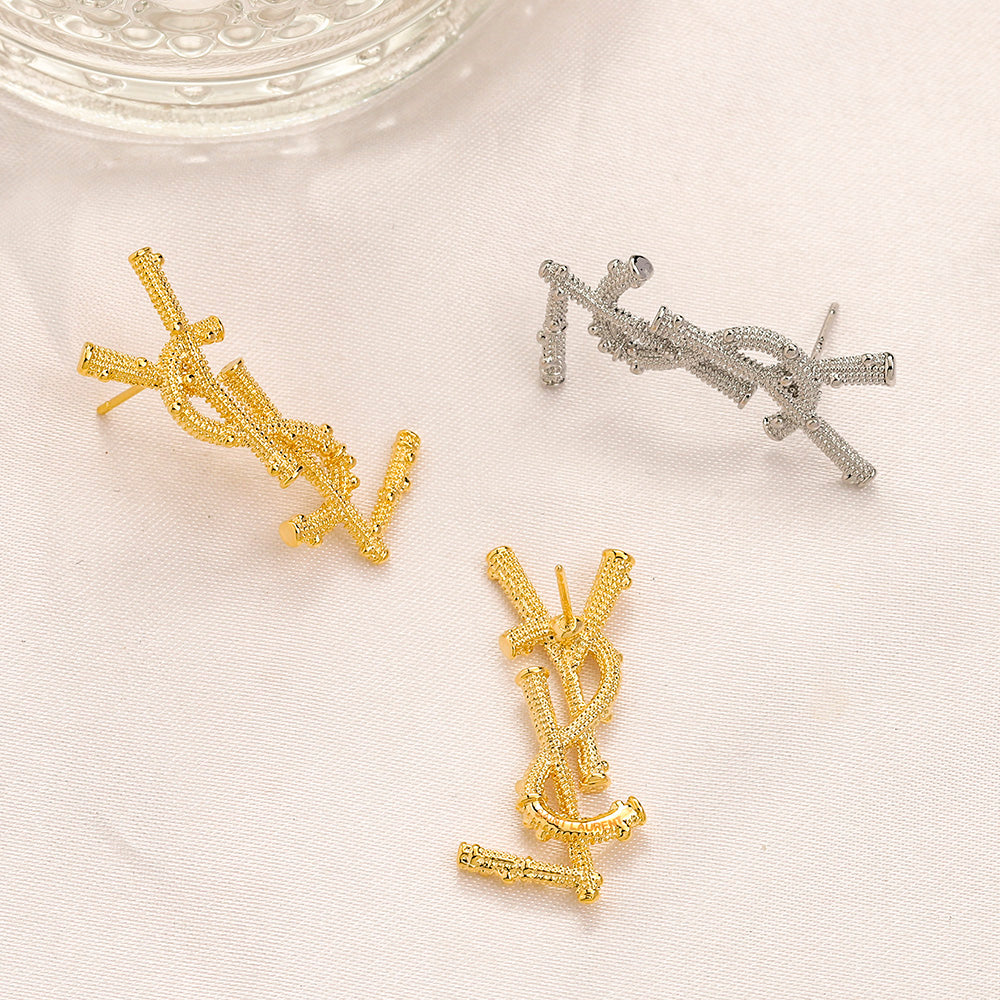 304 Stainless Steel Pave Vertical Monogram Stud Earrings