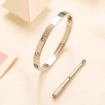 304 Stainless Steel Stone-Accent Screw-Detail Bangle Bracelet