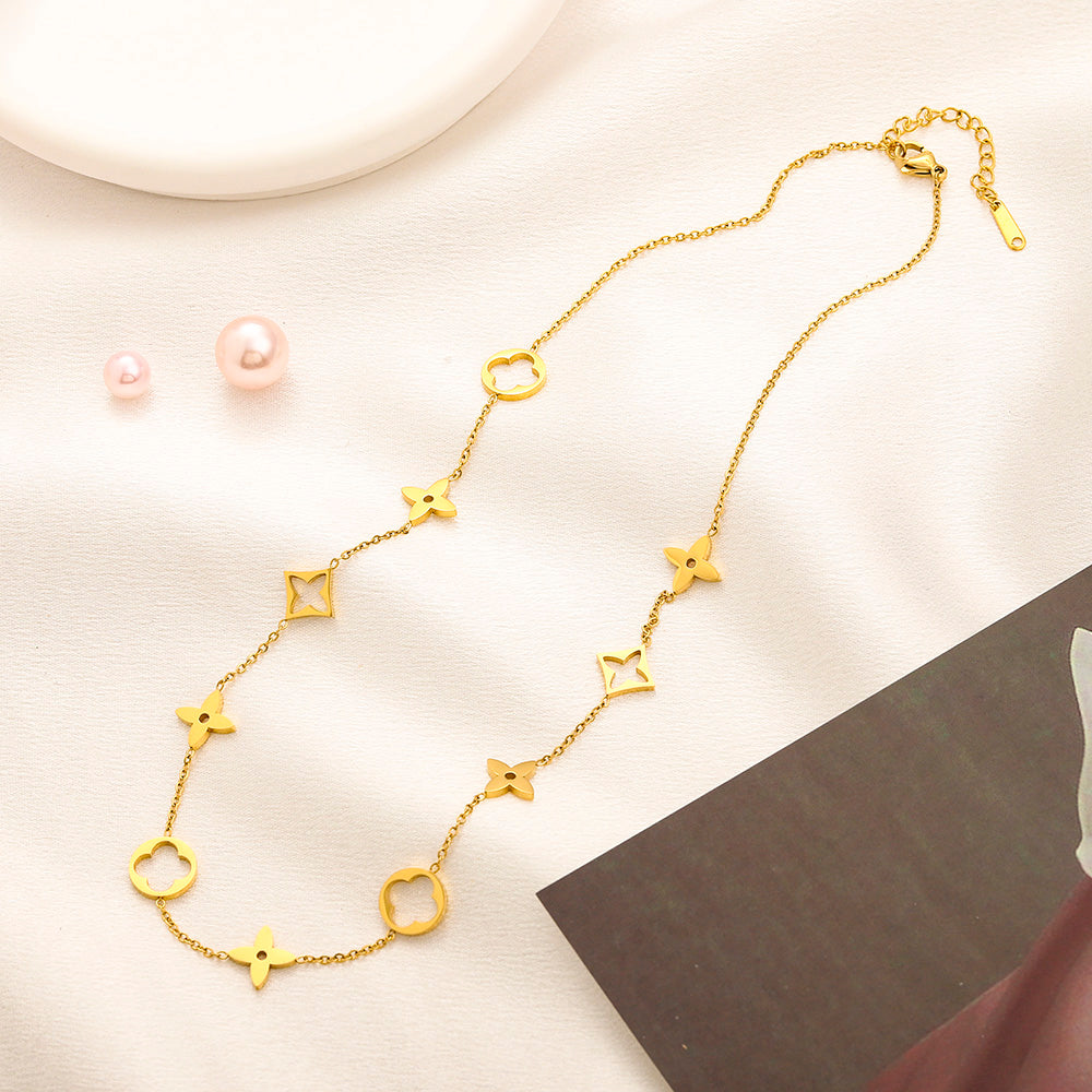 304 Stainless Steel Geometric Floral Link Necklace