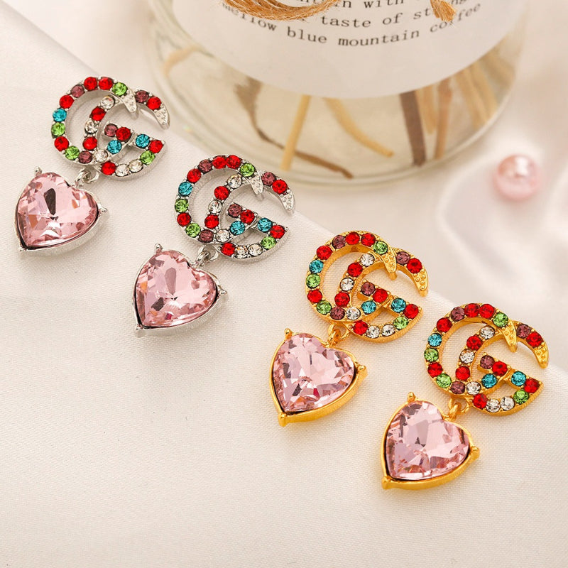 304 Stainless Steel Multicolor Stone Heart Drop Earrings