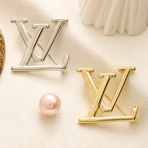 Copper Zirconium Real Gold Plated Stamped Logo Brooch,Brooches Collection、L*V Series