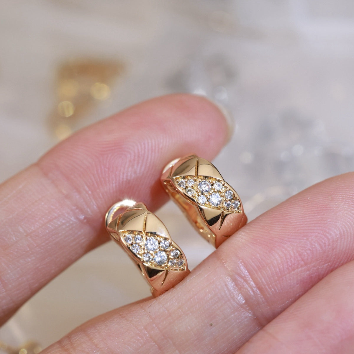 Pave Diamond-Pattern Huggie Earrings