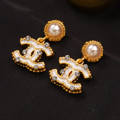 304 Stainless Steel Pearl-Effect Interlocking-C Drop Earrings