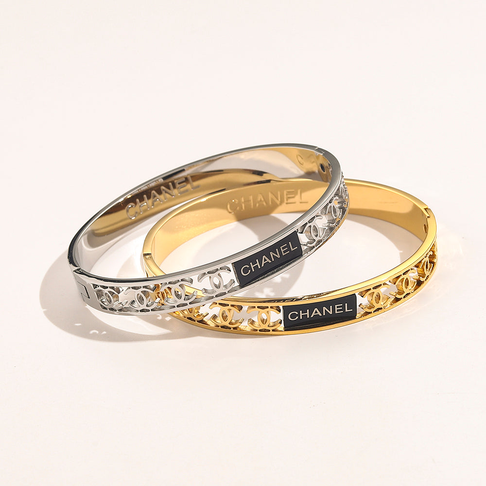 304 Stainless Steel Openwork Star & Letter Bangle Bracelet