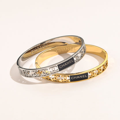 304 Stainless Steel Openwork Star & Letter Bangle Bracelet