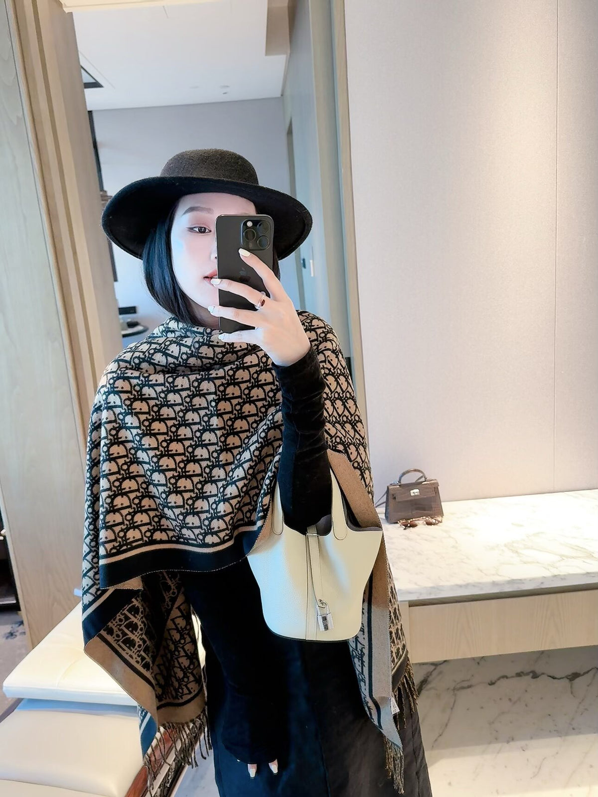 Allover Monogram Border Scarf with Fringe
