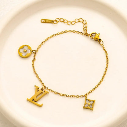 304 Stainless Steel Three-Charm Floral Monogram Bracelet