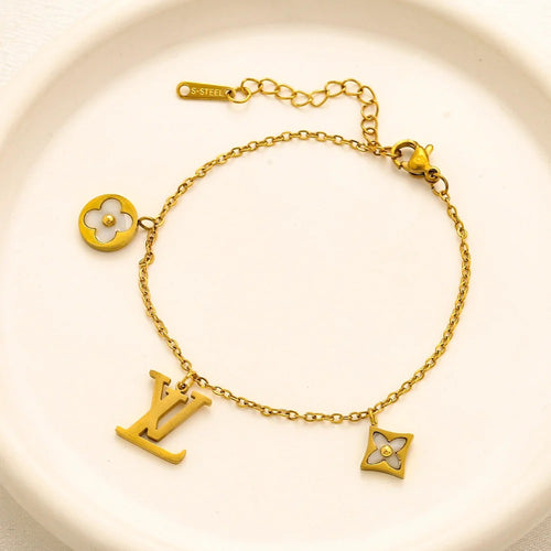 304 Stainless Steel Three-Charm Floral Monogram Bracelet