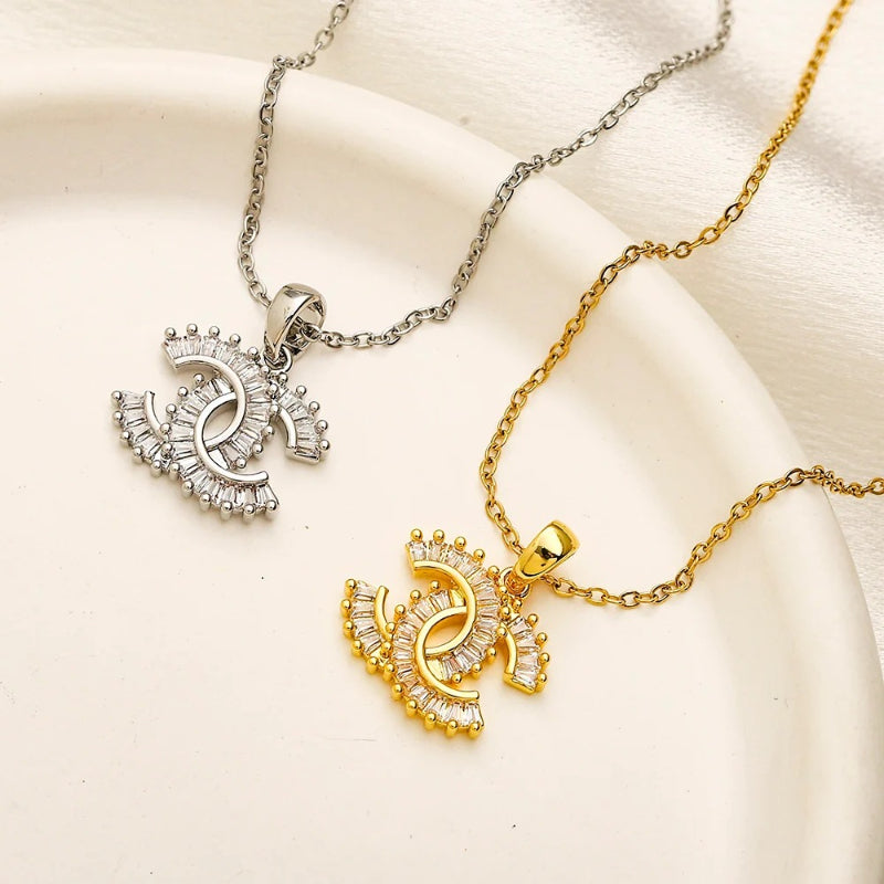 Copper Swirl-Edge Pave Interlocking-C Pendant Necklace