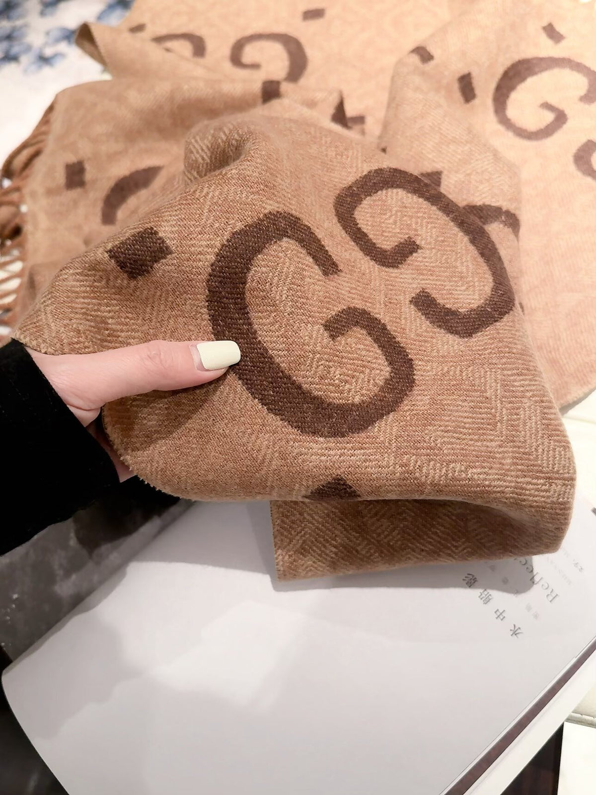 Oversized Double-G Motif Fringed Scarf