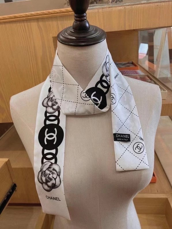 Camellia & Interlocking-C Ribbon Scarf - 5 x 120 cm