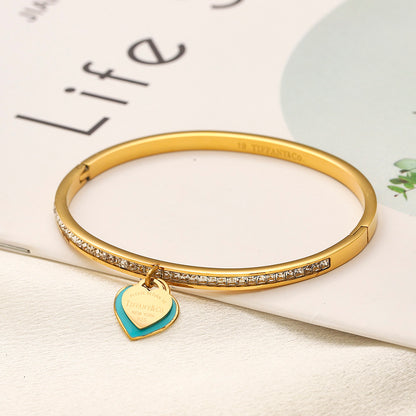 304 Stainless Steel Pave Bangle with Color-Edge Heart Charm