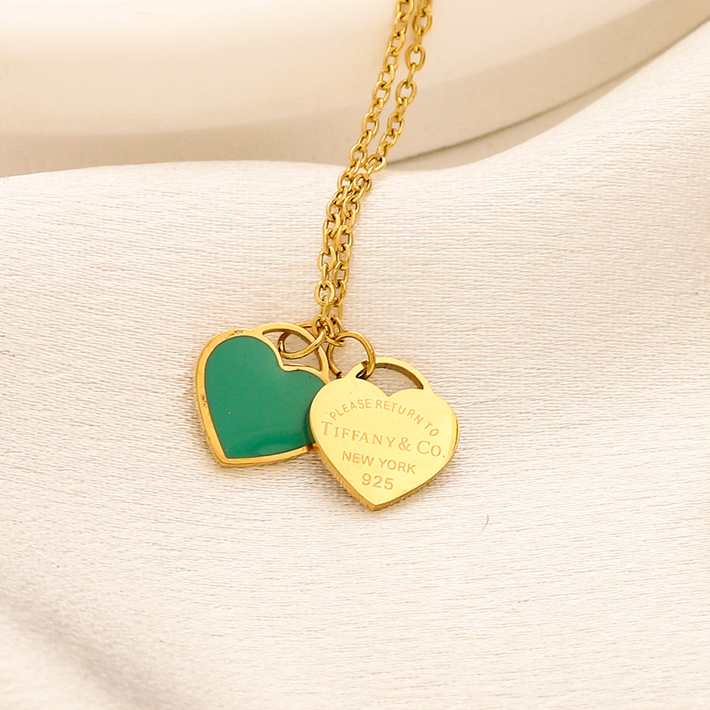 304 Stainless Steel Color-Inlay Double Heart Pendant Necklace