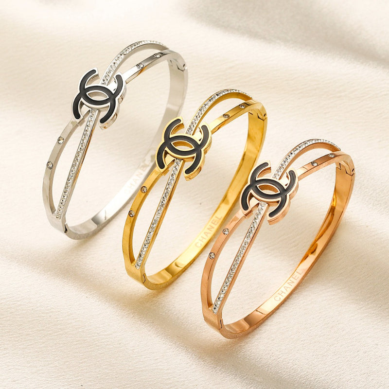304 Stainless Steel Black Interlocking-C Pave Bangle Bracelet