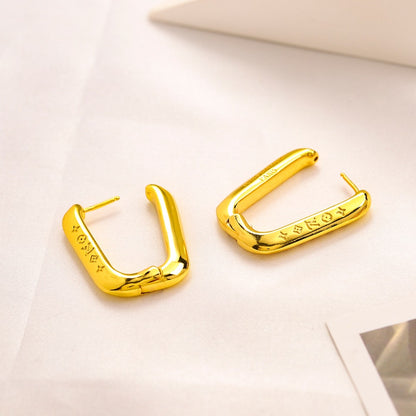 304 Stainless Steel Engraved Oblong Hoop Earrings