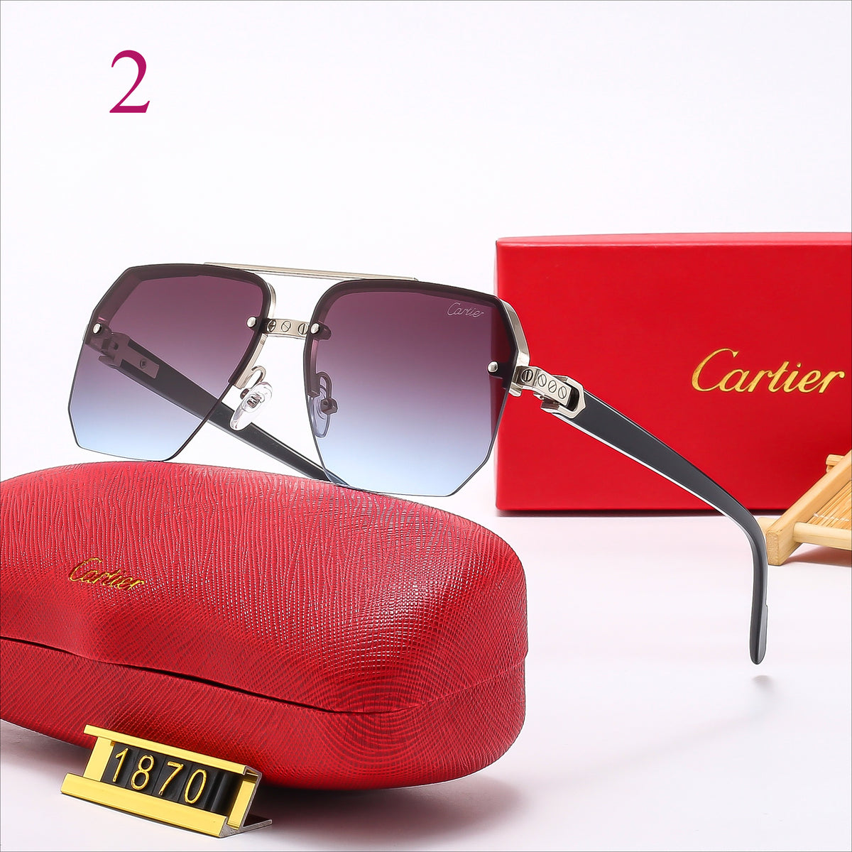 Oversized Rimless Square Sunglasses with Decorative Temples