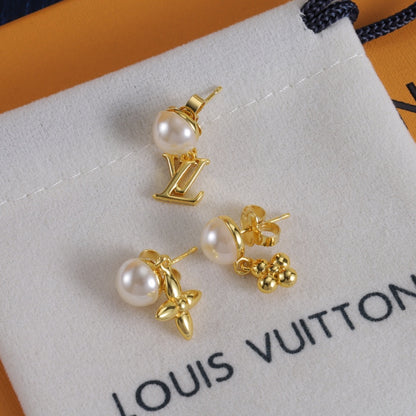 Pearl-Effect Floral & Letter Stud Earrings