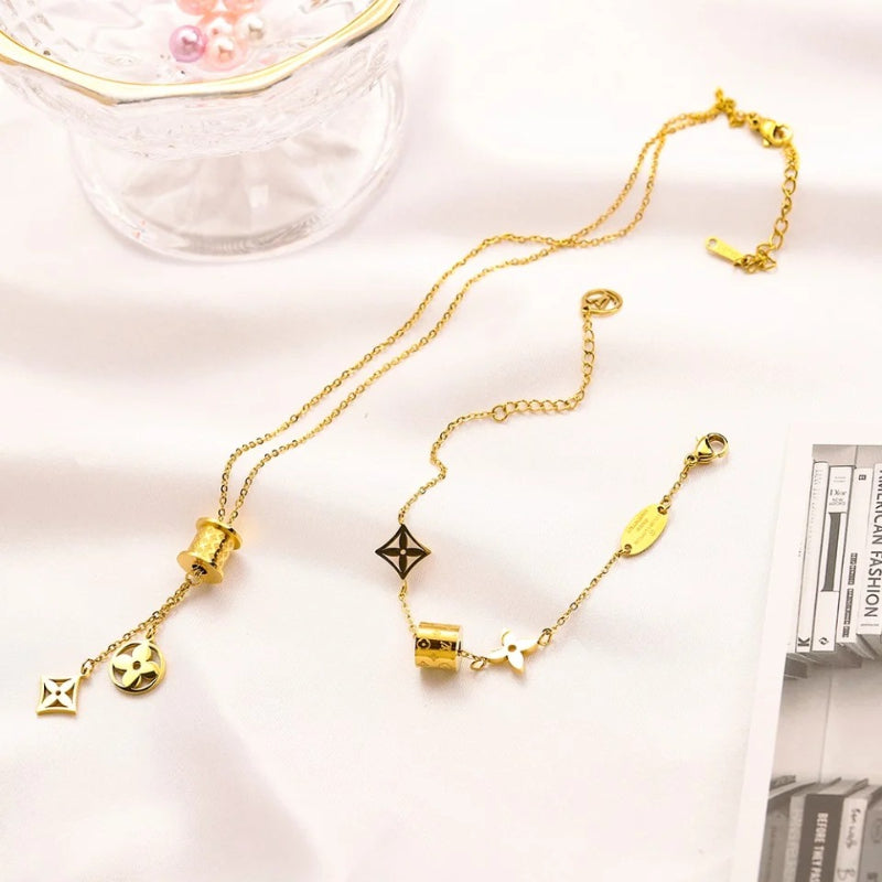 304 Stainless Steel Geometric Floral Bracelet & Necklace - Individual or Set