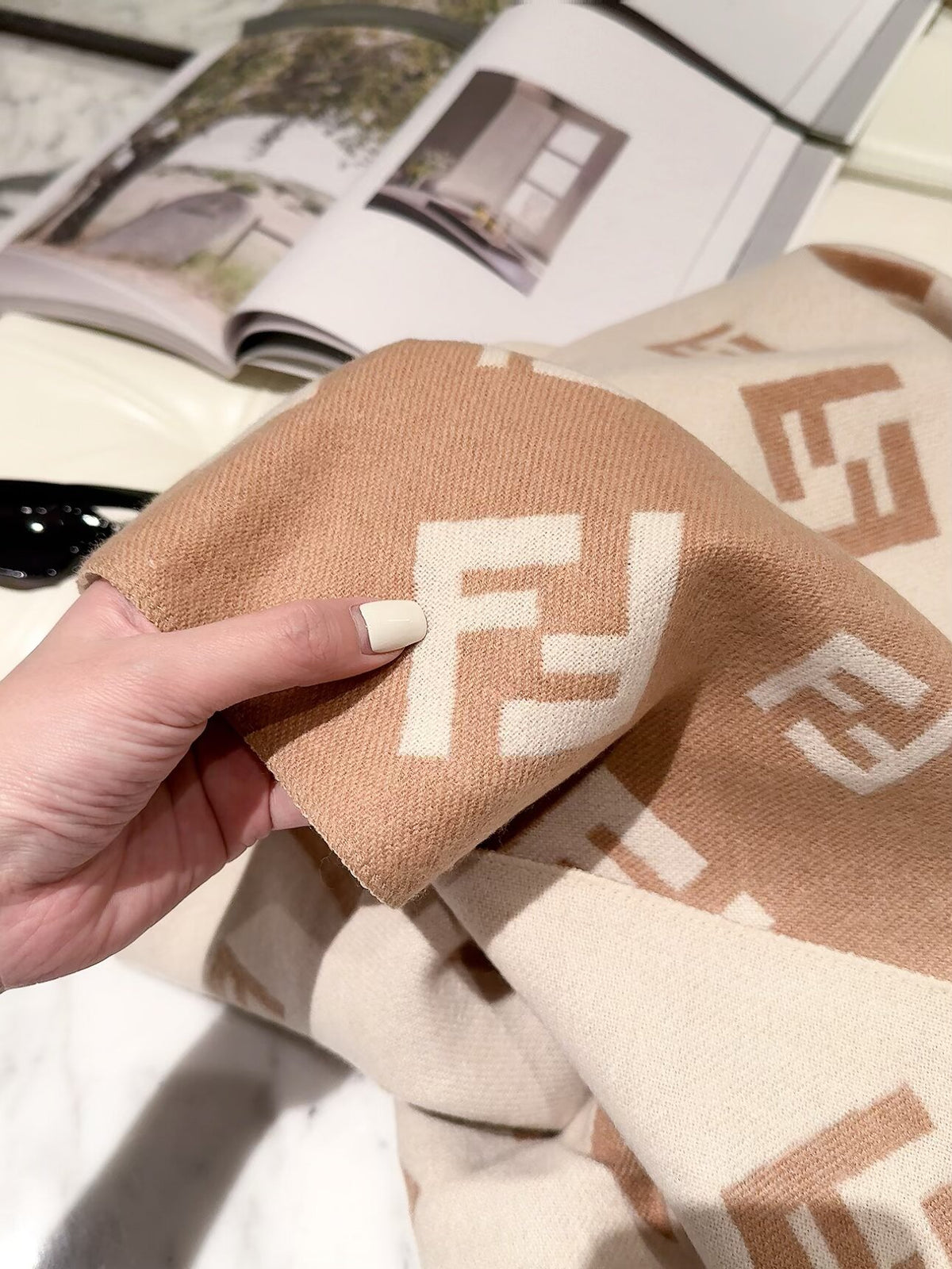 Geometric F-Motif Fringed Scarf