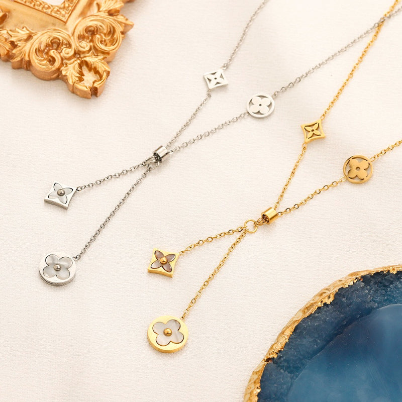 304 Stainless Steel Floral Monogram Y-Drop Necklace
