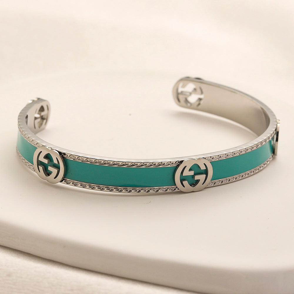 304 Stainless Steel Turquoise Inlay Interlocking-G Cuff Bracelet
