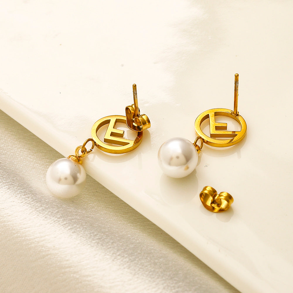 304 Stainless Steel Pearl-Effect Round Drop Earrings