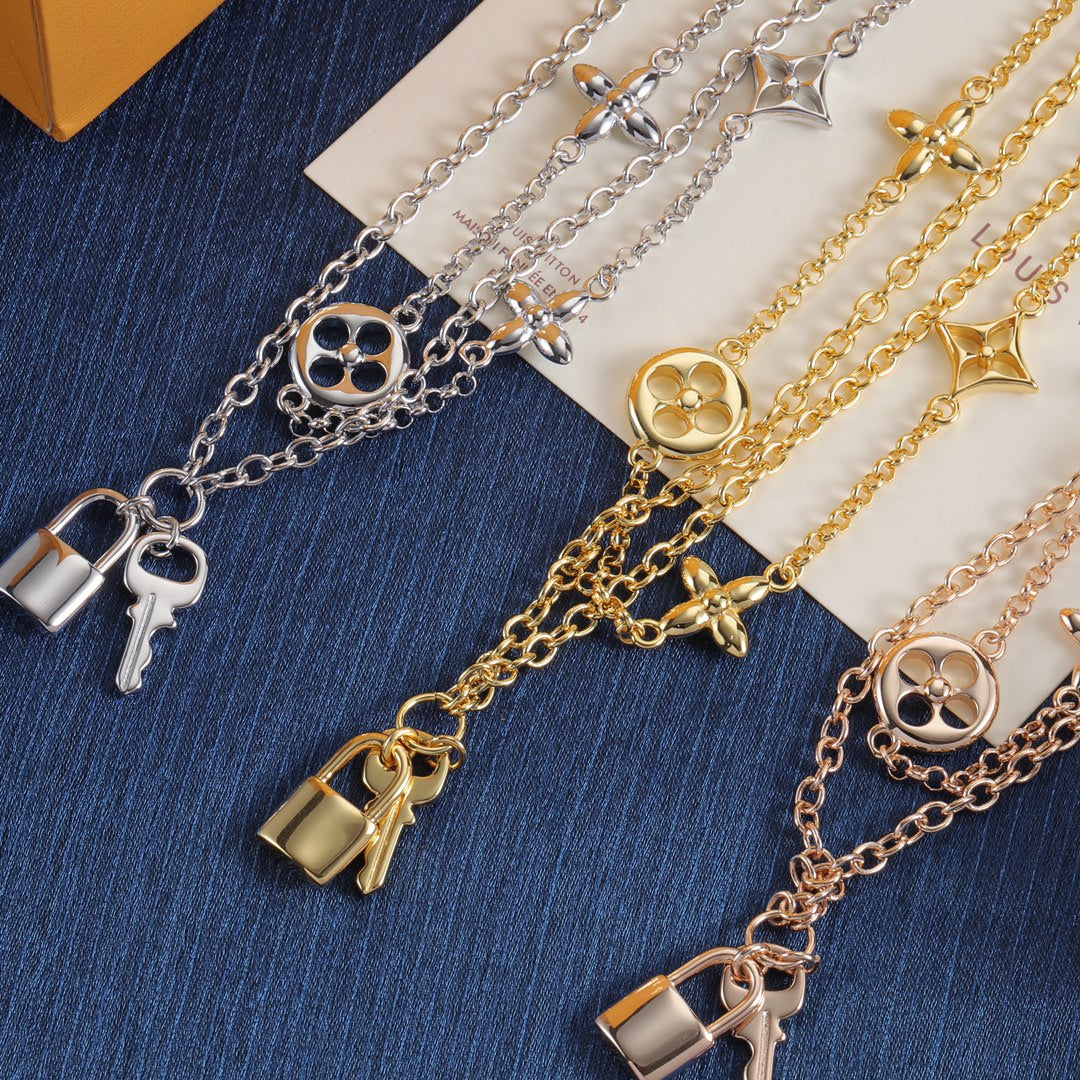 Floral Station Necklace with Padlock Charm