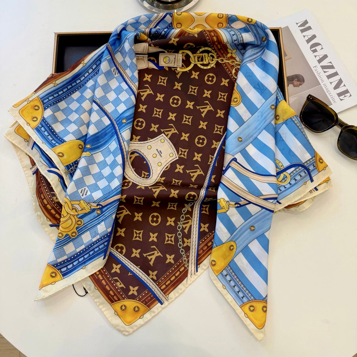 Checkered Trunk Print Square Scarf - 90 x 90 cm