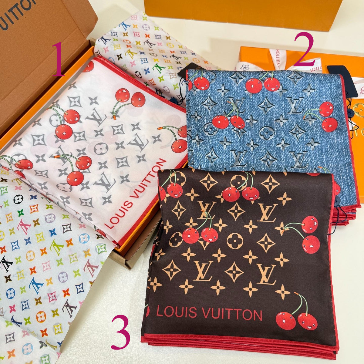 Cherry & Monogram Square Scarf - 90 x 90 cm
