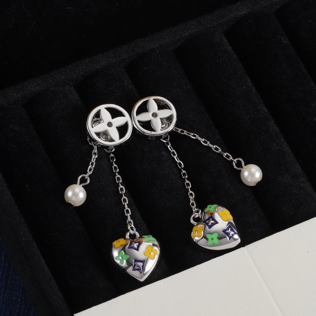 Heart & Pearl-Effect Double Chain Earrings