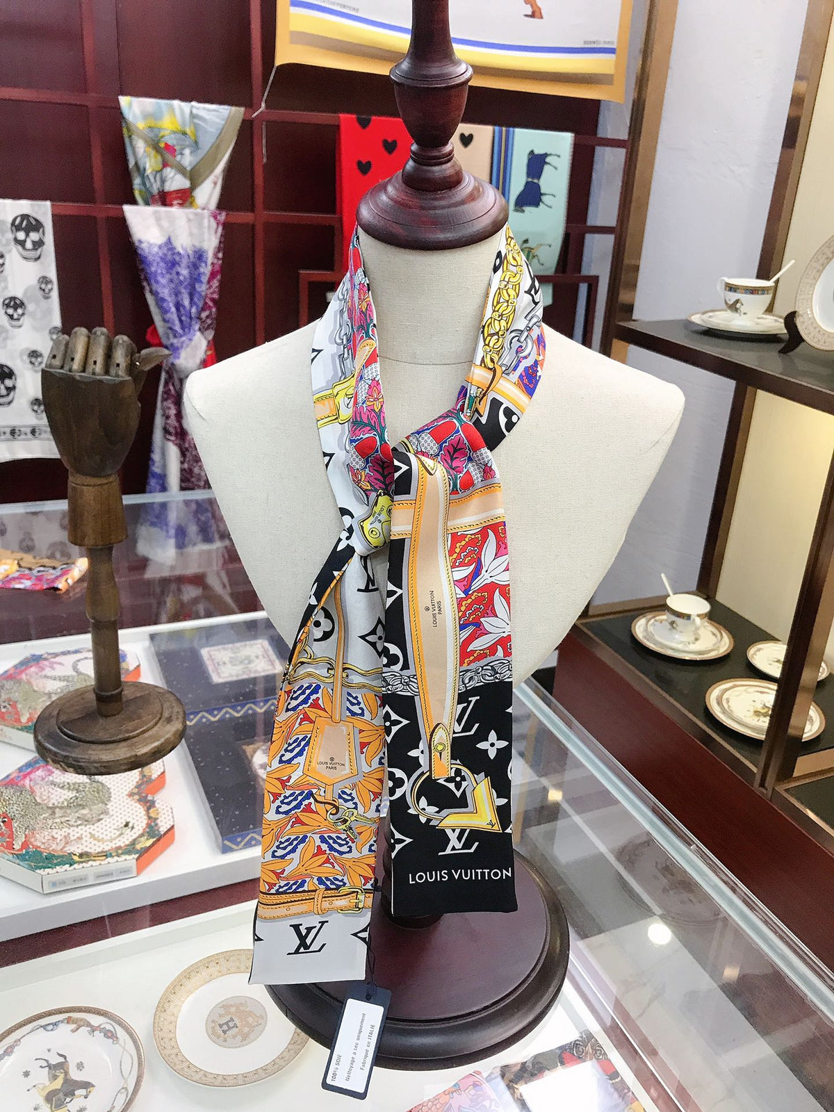 Belt & Floral Monogram Ribbon Scarf - 5 x 120 cm