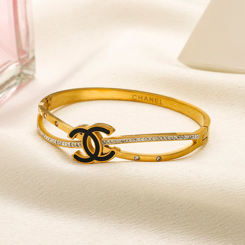 304 Stainless Steel Black Interlocking-C Pave Bangle Bracelet