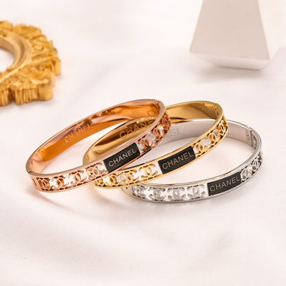 304 Stainless Steel Openwork Star & Letter Bangle Bracelet