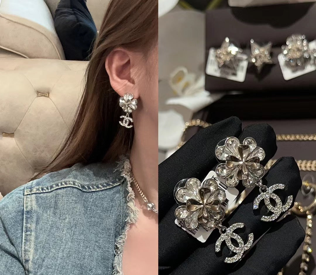 Silver-Tone Flower & Interlocking-C Drop Earrings