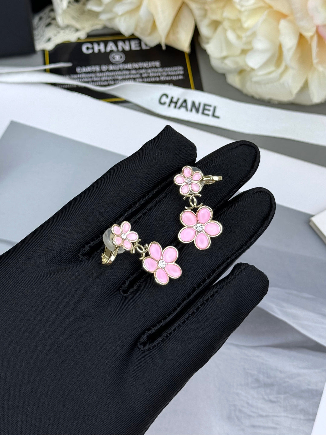 Pink Double Flower Drop Earrings