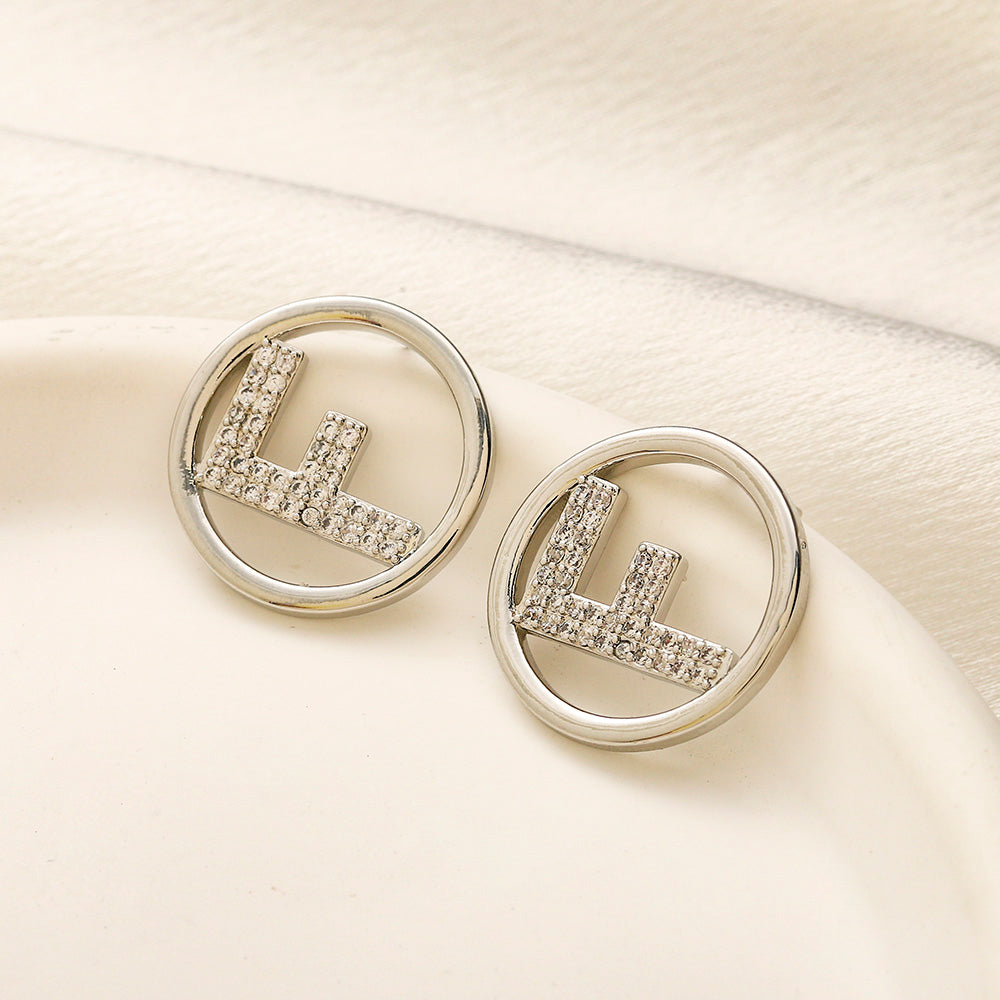 304 Stainless Steel Pave Round F-Motif Stud Earrings